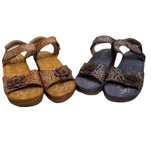 L'Artiste Spring Step Leather Wedge Rose Embossed Sandals Cuteness Two Pair 38 8